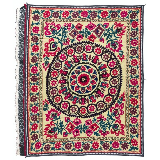 Authentic Hand Embroidered Cotton Bedspread, Vintage Suzani Tapestry, Uzbek Wall Hanging Authentic Hand Embroidered Cotton Bedspread, Vintage Suzani Tapestry, Uzbek Wall Hanging