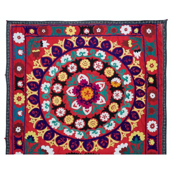 Hand Embroidered Suzani Wall Hanging, Central Asian Table Cover, Vintage 100% Cotton Bed Cover Hand Embroidered Suzani Wall Hanging, Central Asian Table Cover, Vintage 100% Cotton Bed Cover