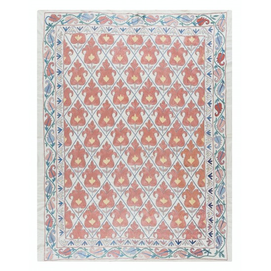 100% Silk Uzbek Wall Hanging, New Handmade Embroidered Bed Cover, Suzani Throw 100% Silk Uzbek Wall Hanging, New Handmade Embroidered Bed Cover, Suzani Throw