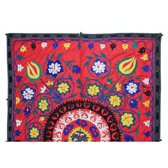 Hand Embroidered Suzani Wall Hanging, Central Asian Table Cover, Vintage 100% Cotton Bed Cover Hand Embroidered Suzani Wall Hanging, Central Asian Table Cover, Vintage 100% Cotton Bed Cover