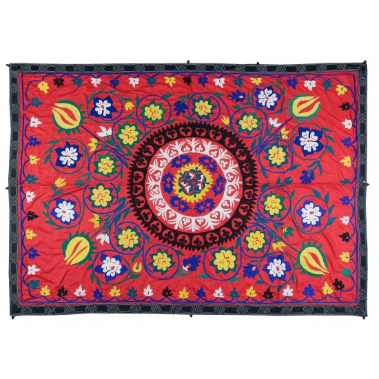 Hand Embroidered Suzani Wall Hanging, Central Asian Table Cover, Vintage 100% Cotton Bed Cover Hand Embroidered Suzani Wall Hanging, Central Asian Table Cover, Vintage 100% Cotton Bed Cover