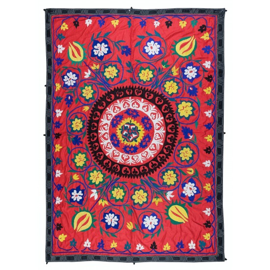 Hand Embroidered Suzani Wall Hanging, Central Asian Table Cover, Vintage 100% Cotton Bed Cover