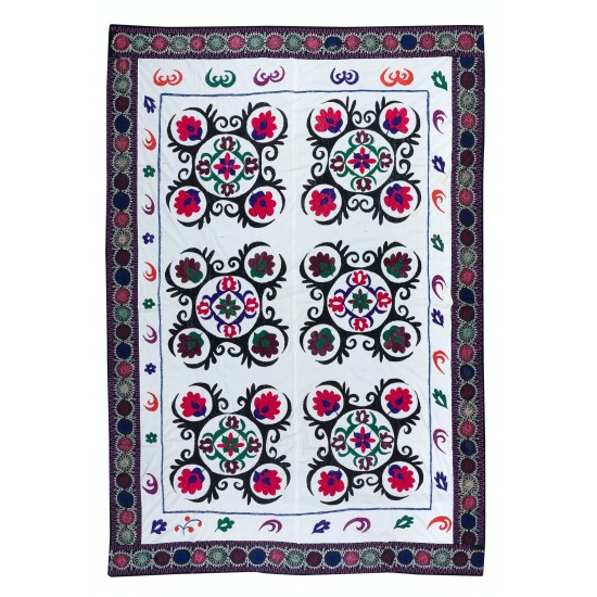 Decorative Suzani Textile Throw Made of Cotton, Hand Embroidered Wall Hanging, Vintage Tapestry Decorative Suzani Textile Throw Made of Cotton, Hand Embroidered Wall Hanging, Vintage Tapestry