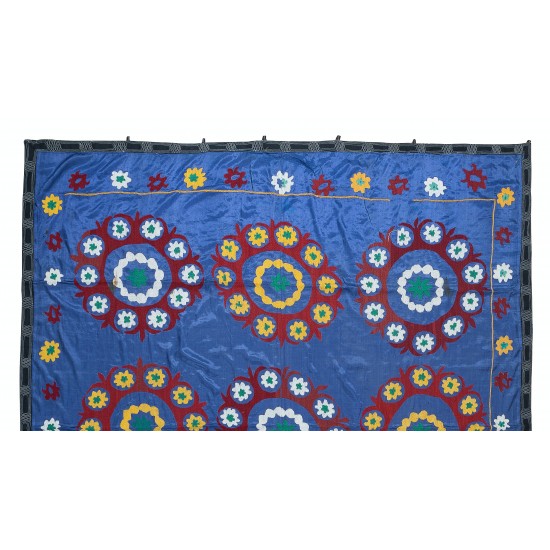 100% Cotton Suzani Bedspread, Hand Embroidered Wall Hanging, Vintage Tapestry in Blue 100% Cotton Suzani Bedspread, Hand Embroidered Wall Hanging, Vintage Tapestry in Blue