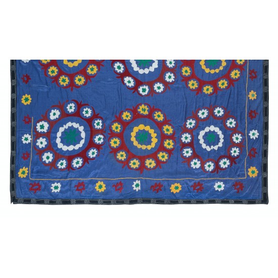 100% Cotton Suzani Bedspread, Hand Embroidered Wall Hanging, Vintage Tapestry in Blue 100% Cotton Suzani Bedspread, Hand Embroidered Wall Hanging, Vintage Tapestry in Blue