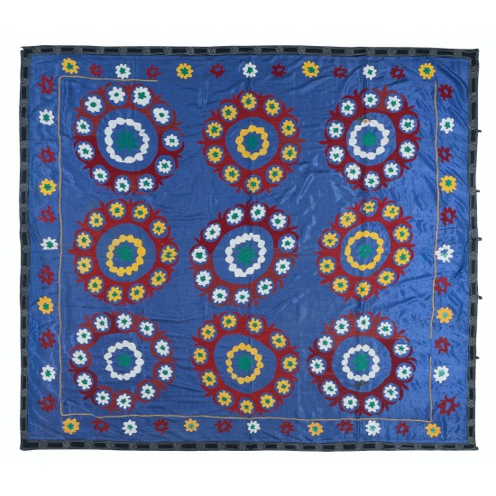 100% Cotton Suzani Bedspread, Hand Embroidered Wall Hanging, Vintage Tapestry in Blue 100% Cotton Suzani Bedspread, Hand Embroidered Wall Hanging, Vintage Tapestry in Blue