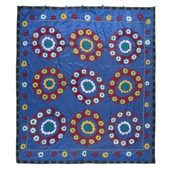100% Cotton Suzani Bedspread, Hand Embroidered Wall Hanging, Vintage Tapestry in Blue