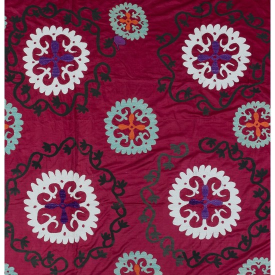 Vintage Square Suzani Fabric Wall Hanging, Uzbek Tapestry in Maroon Red, Embroidered Cotton Bed Cover