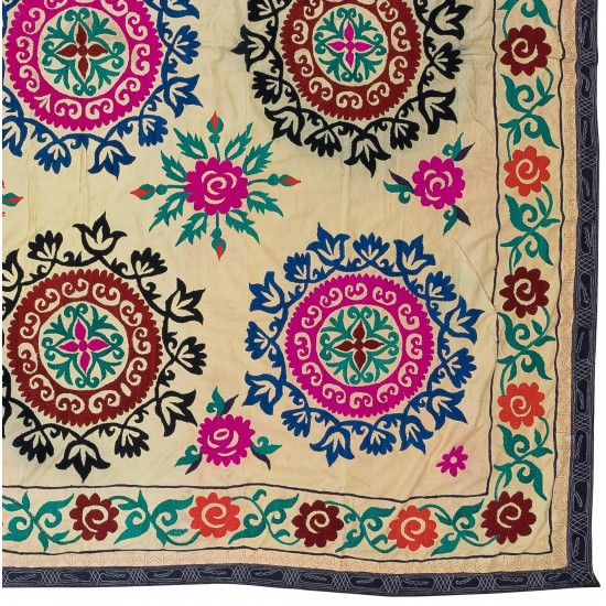 Hand Embroidered Bedspread, Vintage Suzani Tapestry, Uzbek Throw