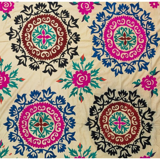 Hand Embroidered Bedspread, Vintage Suzani Tapestry, Uzbek Throw