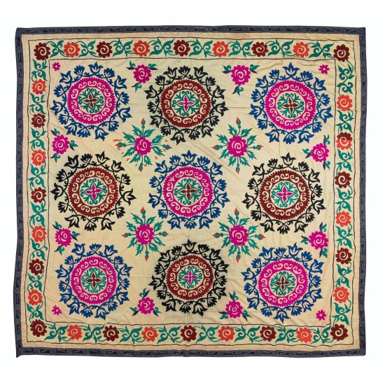 Hand Embroidered Bedspread, Vintage Suzani Tapestry, Uzbek Throw