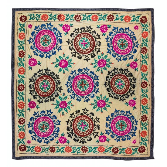 Hand Embroidered Bedspread, Vintage Suzani Tapestry, Uzbek Throw
