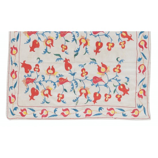 100% Silk Suzani Fabric Wall Hanging, New Uzbek Embroidered Bedspread in Cream 100% Silk Suzani Fabric Wall Hanging, New Uzbek Embroidered Bedspread in Cream