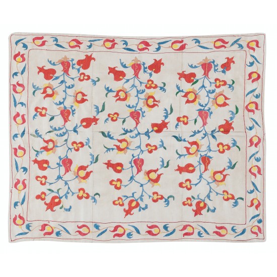 100% Silk Suzani Fabric Wall Hanging, New Uzbek Embroidered Bedspread in Cream 100% Silk Suzani Fabric Wall Hanging, New Uzbek Embroidered Bedspread in Cream