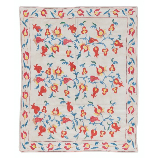 100% Silk Suzani Fabric Wall Hanging, New Uzbek Embroidered Bedspread in Cream