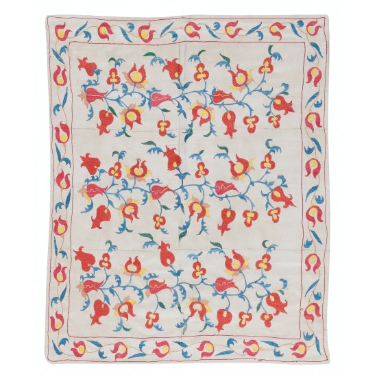 100% Silk Suzani Fabric Wall Hanging, New Uzbek Embroidered Bedspread in Cream 100% Silk Suzani Fabric Wall Hanging, New Uzbek Embroidered Bedspread in Cream