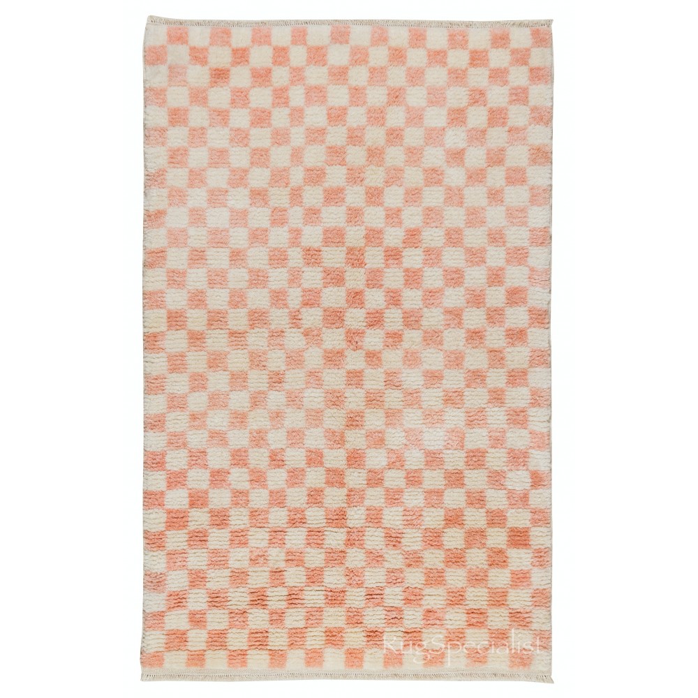 Checkered Handmade Rug in Beige & Soft Pink, 100% Soft, Cozy Wool, Custom Checkerboard Tulu Carpet for Modern Interiors