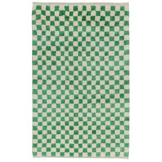 Checkered Handmade Rug in Beige & Emerald Green, 100% Soft, Cozy Wool, Custom Checkerboard Tulu Carpet for Modern Interiors