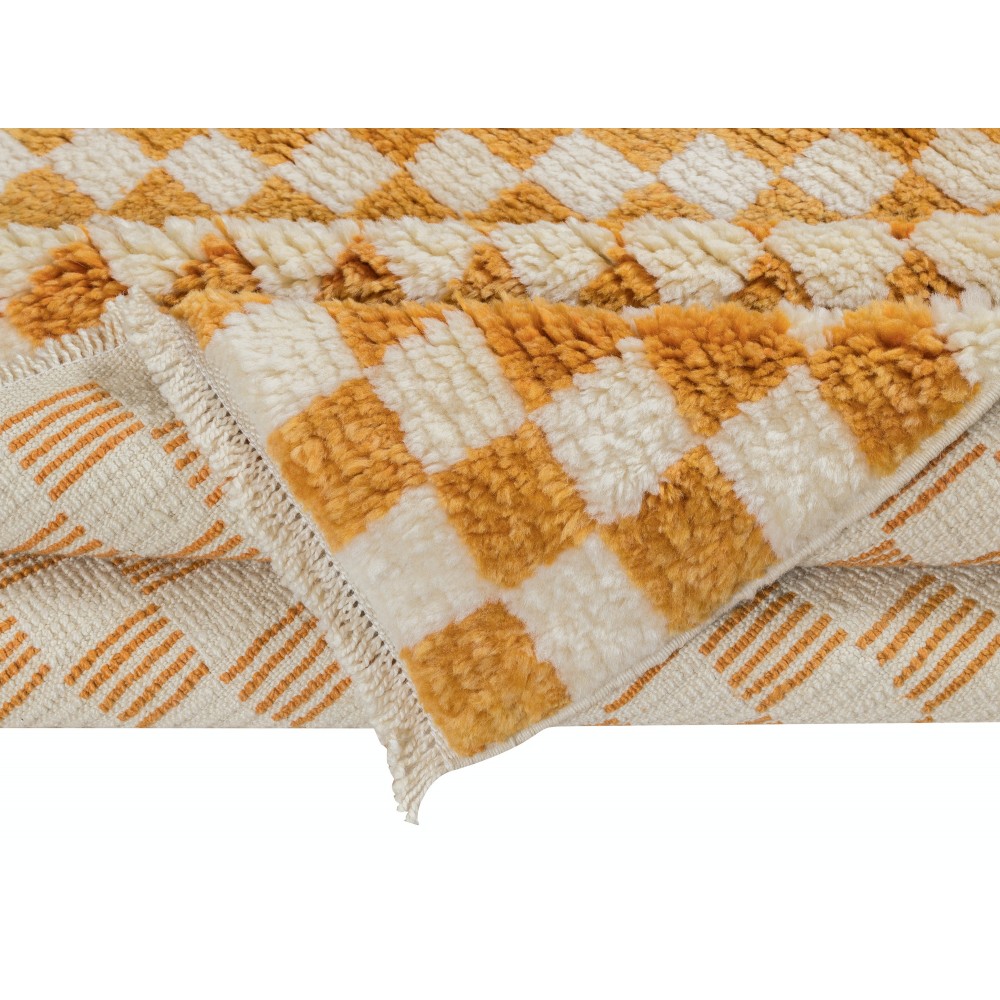 Checkered Handmade Rug in Beige & Orange, 100% Soft, Cozy Wool, Custom Checkerboard Tulu Carpet for Modern Interiors