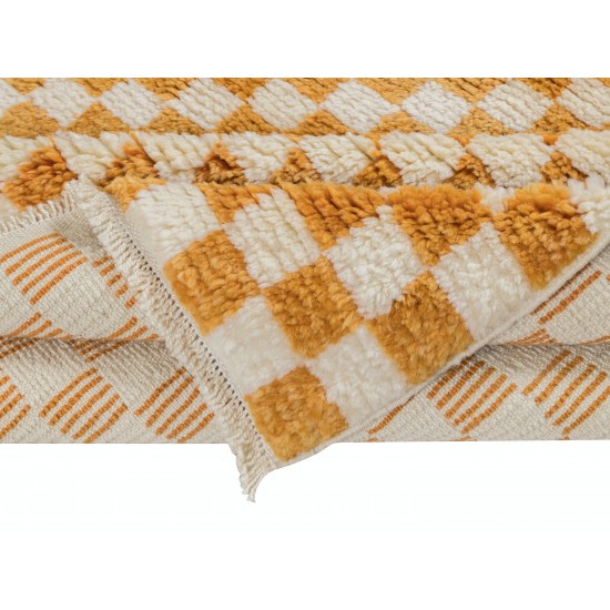 Checkered Handmade Rug in Beige & Orange, 100% Soft, Cozy Wool, Custom Checkerboard Tulu Carpet for Modern Interiors