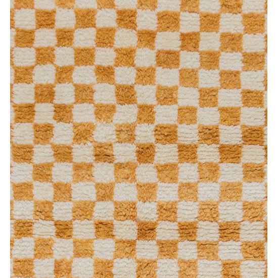 Checkered Handmade Rug in Beige & Orange, 100% Soft, Cozy Wool, Custom Checkerboard Tulu Carpet for Modern Interiors