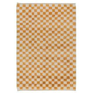 Checkered Handmade Rug in Beige & Orange, 100% Soft, Cozy Wool, Custom Checkerboard Tulu Carpet for Modern Interiors
