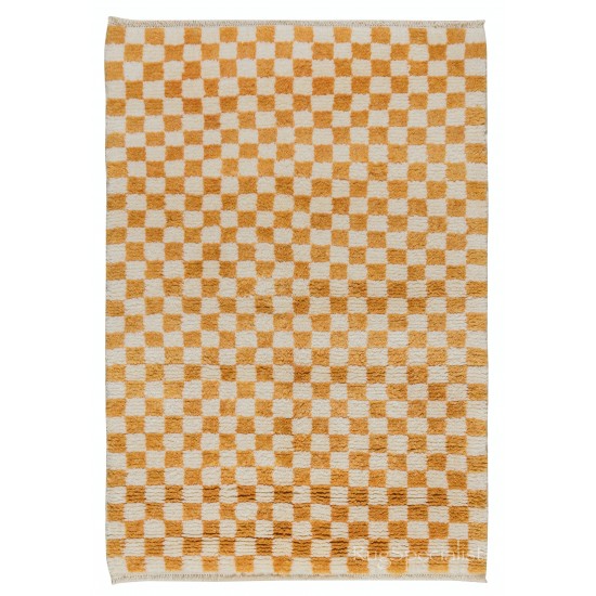 Checkered Handmade Rug in Beige & Orange, 100% Soft, Cozy Wool, Custom Checkerboard Tulu Carpet for Modern Interiors