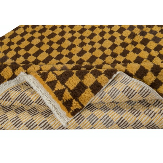 Checkered Handmade Tulu Rug in Brown & Mustard Color, 100% Soft, Cozy Wool, Custom Shaggy Carpet for Modern Interiors