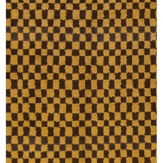 Checkered Handmade Tulu Rug in Brown & Mustard Color, 100% Soft, Cozy Wool, Custom Shaggy Carpet for Modern Interiors