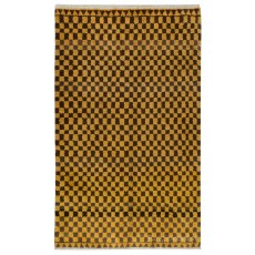 Checkered Handmade Tulu Rug in Brown & Mustard Color, 100% Soft, Cozy Wool, Custom Shaggy Carpet for Modern Interiors
