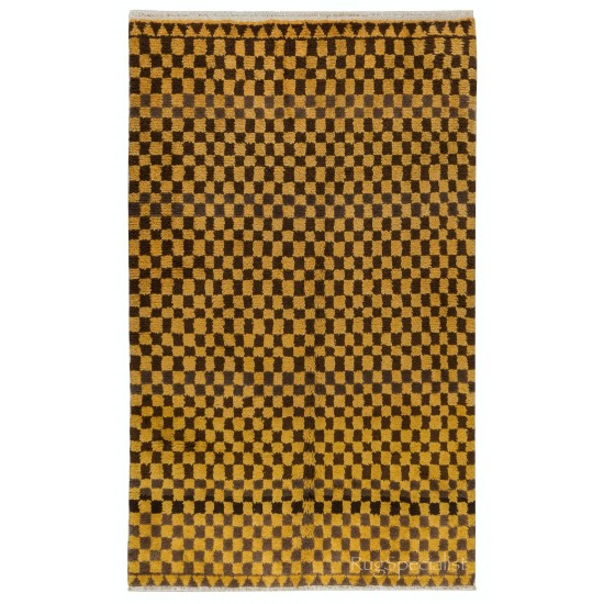 Checkered Handmade Tulu Rug in Brown & Mustard Color, 100% Soft, Cozy Wool, Custom Shaggy Carpet for Modern Interiors