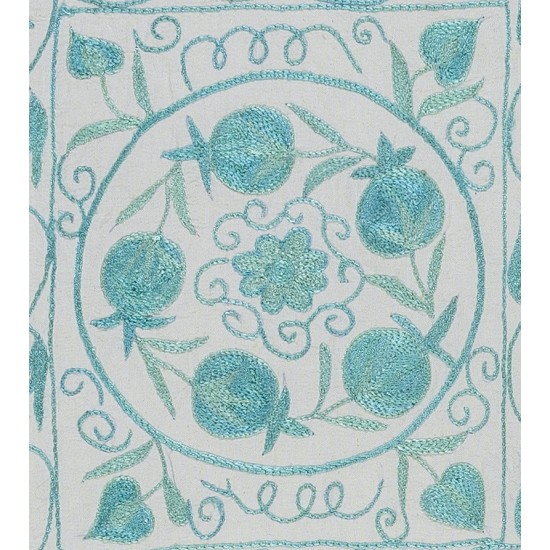 Uzbek Suzani Hand Embroidered Cushion Cover, Silk Decorative Sham, Handmade Lace Pillow in Light Teal Blue & Ivory Colors Uzbek Suzani Hand Embroidered Cushion Cover, Silk Decorative Sham, Handmade Lace Pillow in Light Teal Blue & Ivory Colors