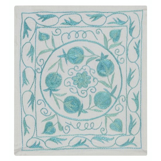 Uzbek Suzani Hand Embroidered Cushion Cover, Silk Decorative Sham, Handmade Lace Pillow in Light Teal Blue & Ivory Colors Uzbek Suzani Hand Embroidered Cushion Cover, Silk Decorative Sham, Handmade Lace Pillow in Light Teal Blue & Ivory Colors