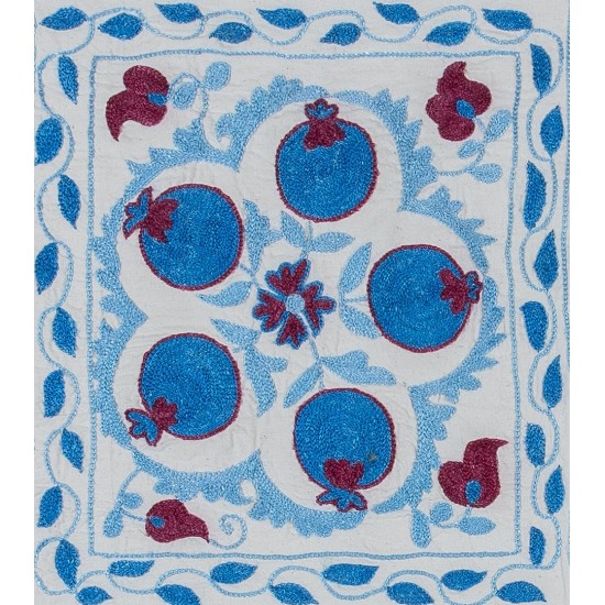 Cream, Blue & Dark Red Silk Embroidery Lace Pillow Cover, Handmade Suzani Pillow, Decorative Sham