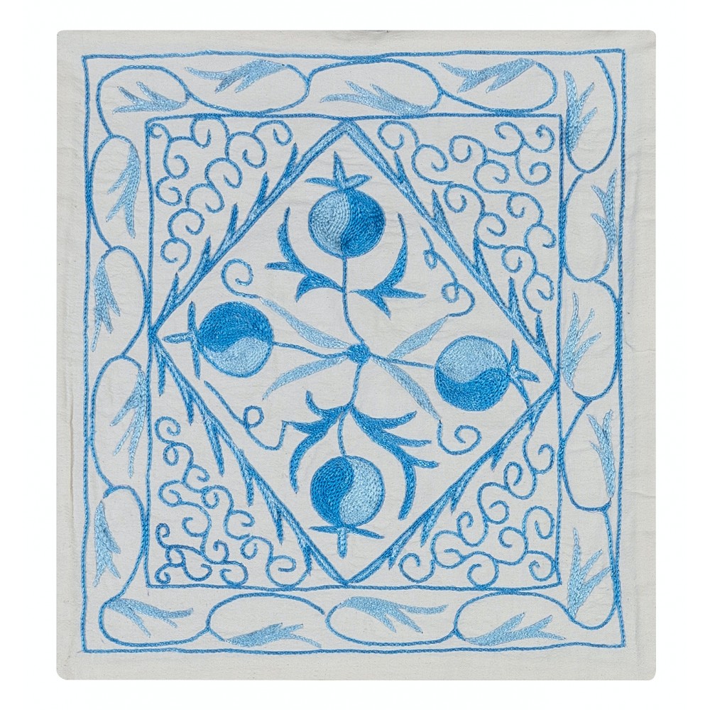 Decorative Handmade Suzani Cushion Cover, Uzbek Throw Pillow Cover, Embroidered Lace Pillow in Cream and Light Blue
