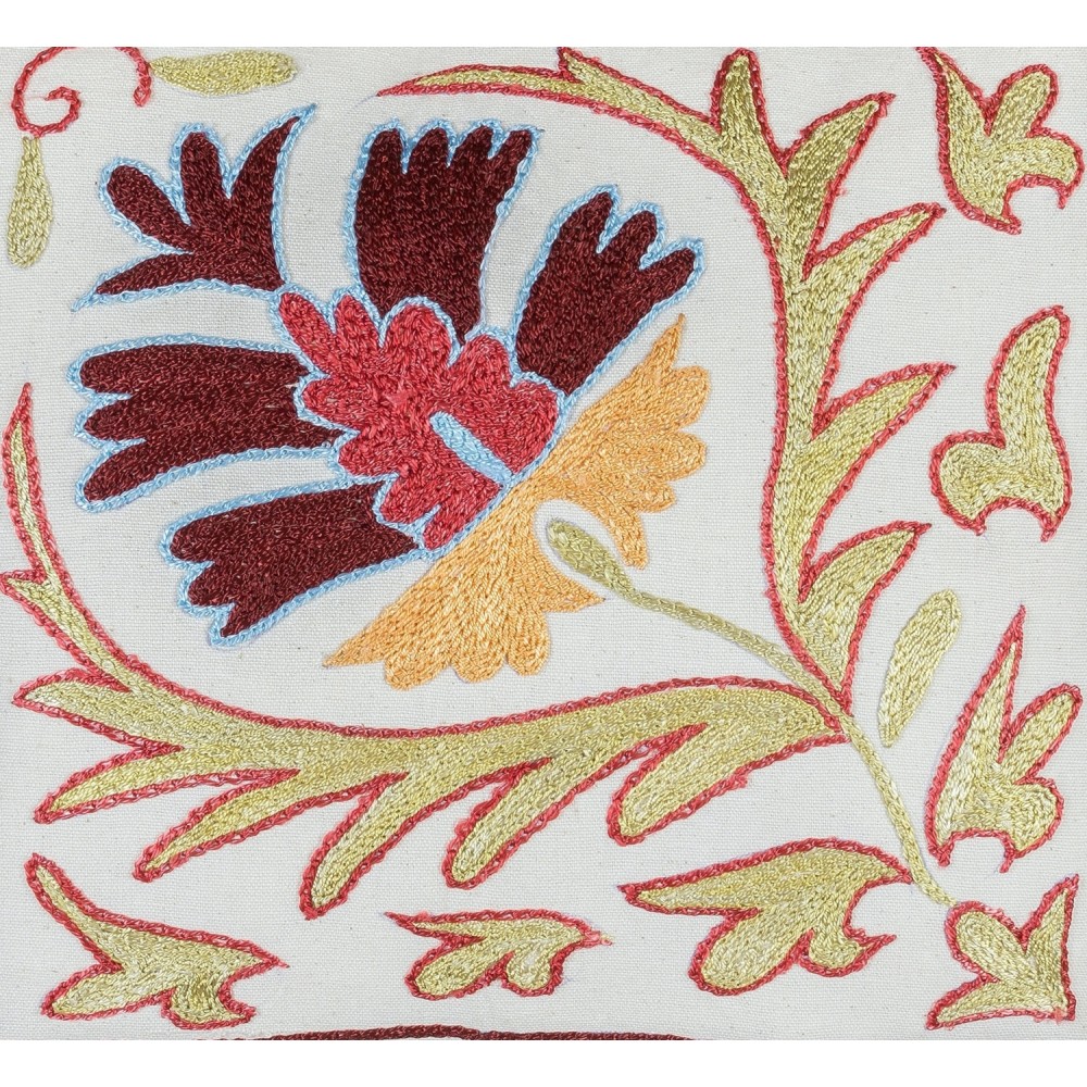 Colorful Hand Embroidered Silk Cushion Cover, Cotton and Linen Suzani Throw Pillow Cover