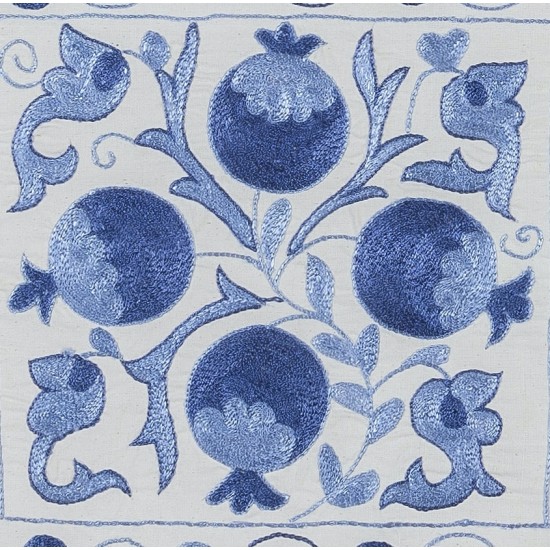 Hand Embroidered Suzani Fabric Uzbek Lace Pillow, Decorative Sham, Silk Handmade Throw Pillow Cover in Light Blue & Cream