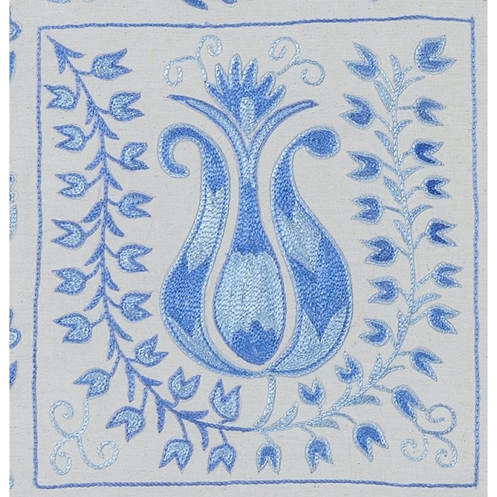 Hand Embroidered Suzani Fabric Uzbek Lace Pillow, Decorative Sham in Light Blue & Ivory, Silk Handmade Accent Throw Pillow Cover