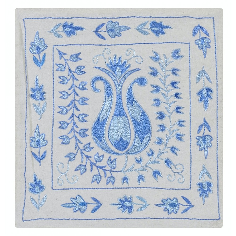 Hand Embroidered Suzani Fabric Uzbek Lace Pillow, Decorative Sham in Light Blue & Ivory, Silk Handmade Accent Throw Pillow Cover