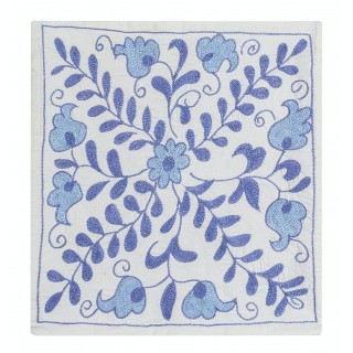 Traditional Hand Embroidered Cushion Cover in Ivory & Light Blue. Silk Daisy Pattern Accent Pillow