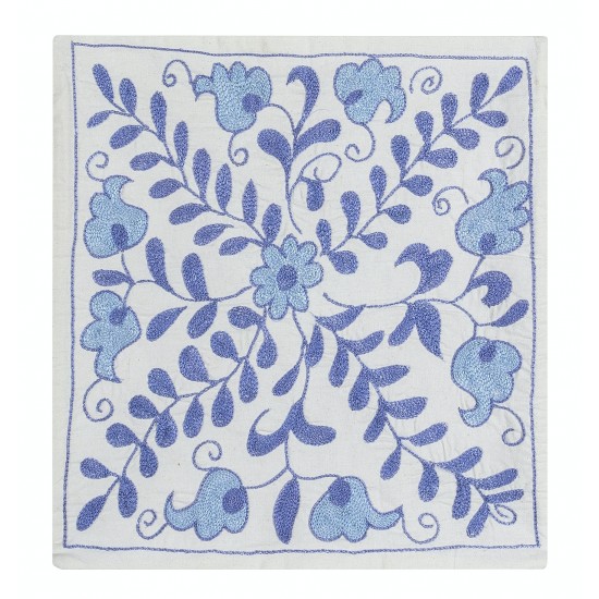 Uzbek Suzani Hand Embroidered Cushion Cover in Ivory & Light Blue Colors, Silk Handmade Daisy Pattern Lace Pillow Uzbek Suzani Hand Embroidered Cushion Cover in Ivory & Light Blue Colors, Silk Handmade Daisy Pattern Lace Pillow