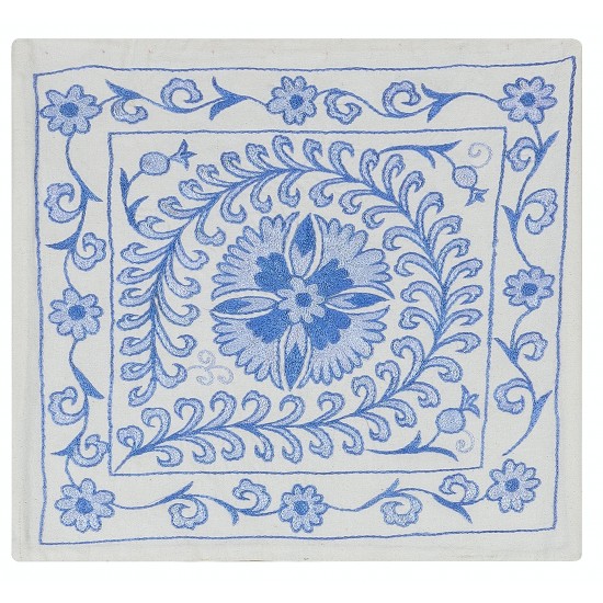 New Silk Hand Embroidery Suzani Textile Cushion Cover in Cream & Blue, Decorative Floral Pattern Uzbek Lace Pillow Cover