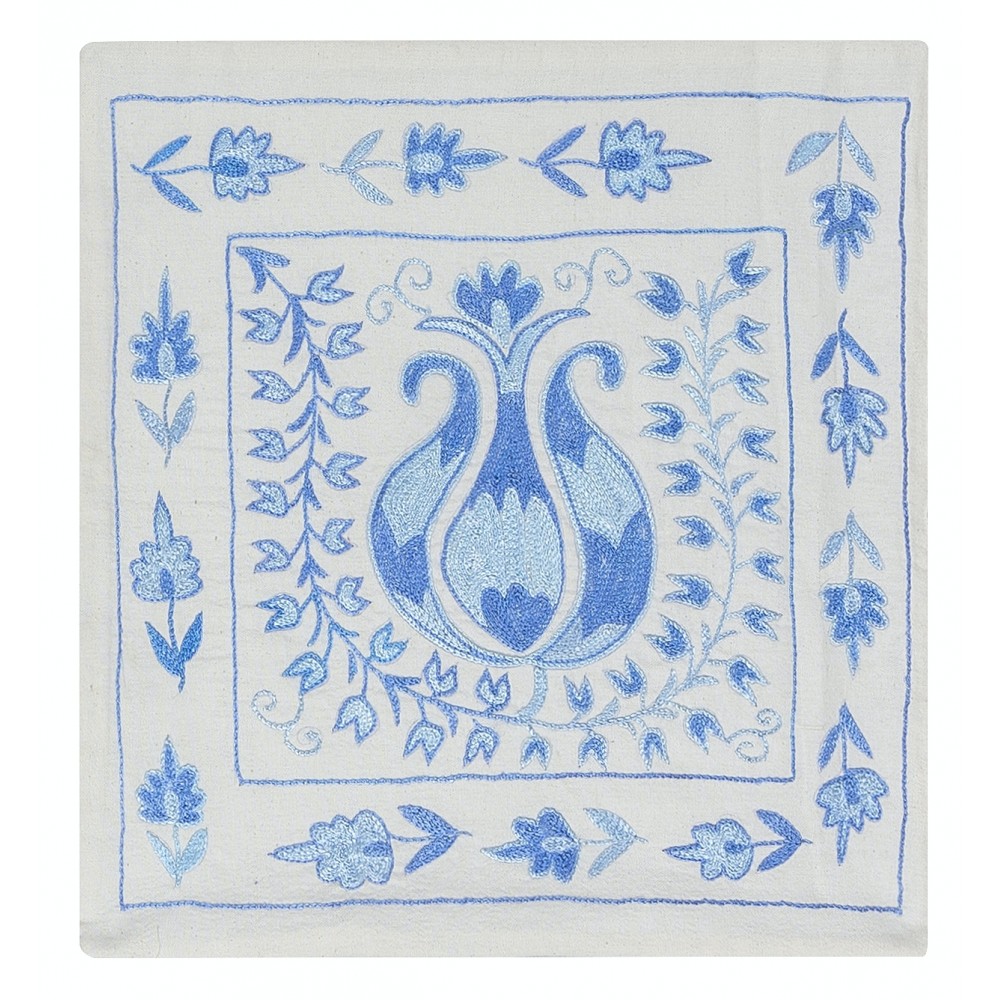 Home Decor Hand Embroidered Cushion Cover, Cream & Light Blue Pillowcase, Decorative Silk Throw Pillow Cover
