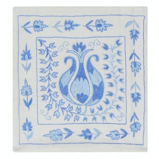 Traditional Hand Embroidered Cushion Cover. Cream & Light Blue Pillowcase. Silk Throw Pillow Cover