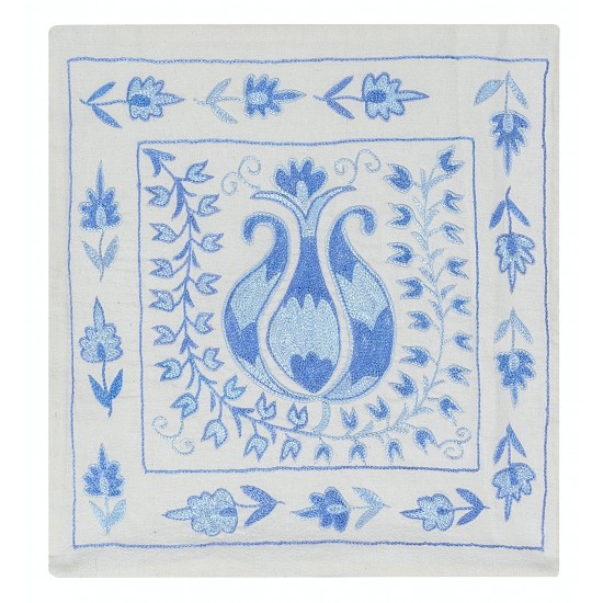 Home Decor Hand Embroidered Cushion Cover, Cream & Light Blue Pillowcase, Decorative Silk Throw Pillow Cover