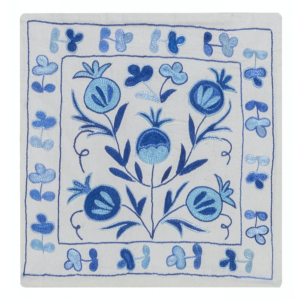 Decorative Handmade Suzani Cushion Cover, Uzbek Throw Pillow Cover, Embroidered Lace Pillow in Cream and Blue Colors