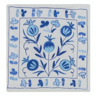 Traditional Suzani Cushion Cover. Uzbek Throw Pillow Cover. Embroidered Accent Pillow in Cream and Blue Colors