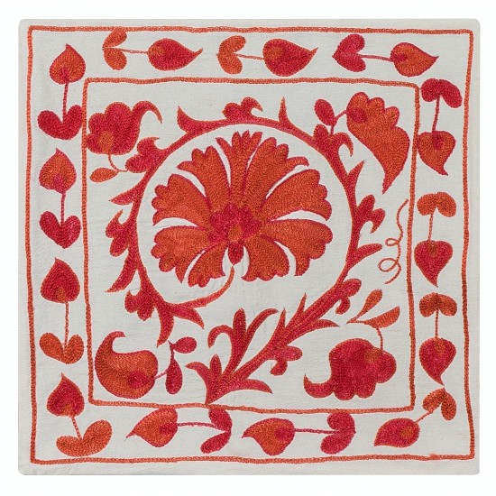 New Silk Hand Embroidery Suzani Textile Cushion Cover, Decorative Uzbek Lace Pillow Cover in Cream & Red