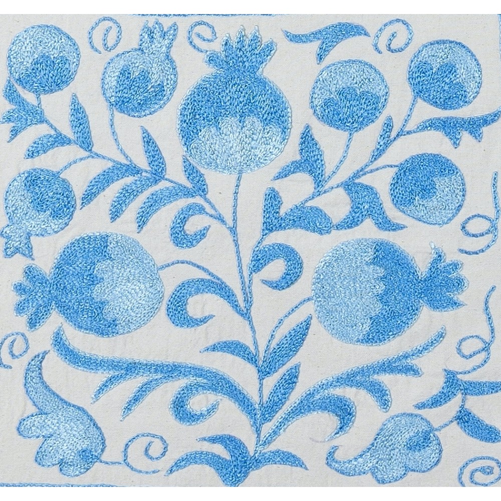 Silk Hand Embroidery Cushion Cover, Decorative Uzbek Suzani Lace Pillow Cover in Cream and Light Blue
