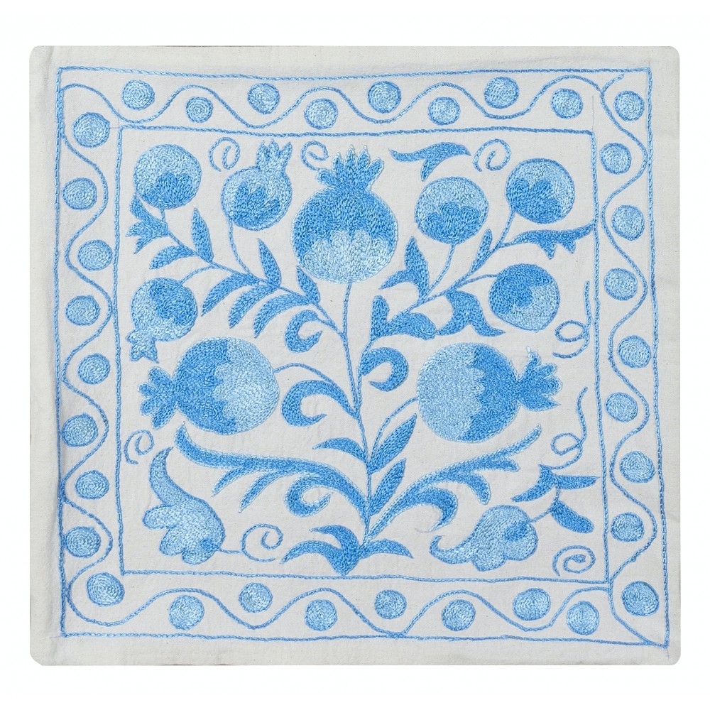 Silk Hand Embroidery Cushion Cover, Decorative Uzbek Suzani Lace Pillow Cover in Cream and Light Blue